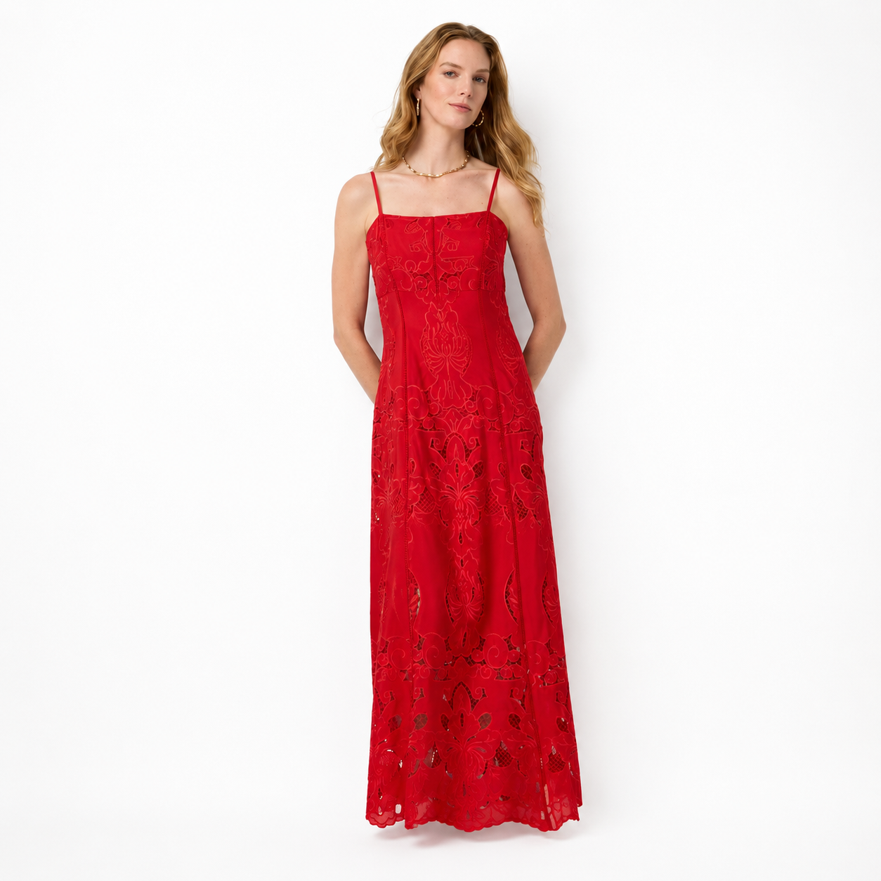 Eyelet Square Neck Maxi Dress – Elegant Sleeveless Summer Dress