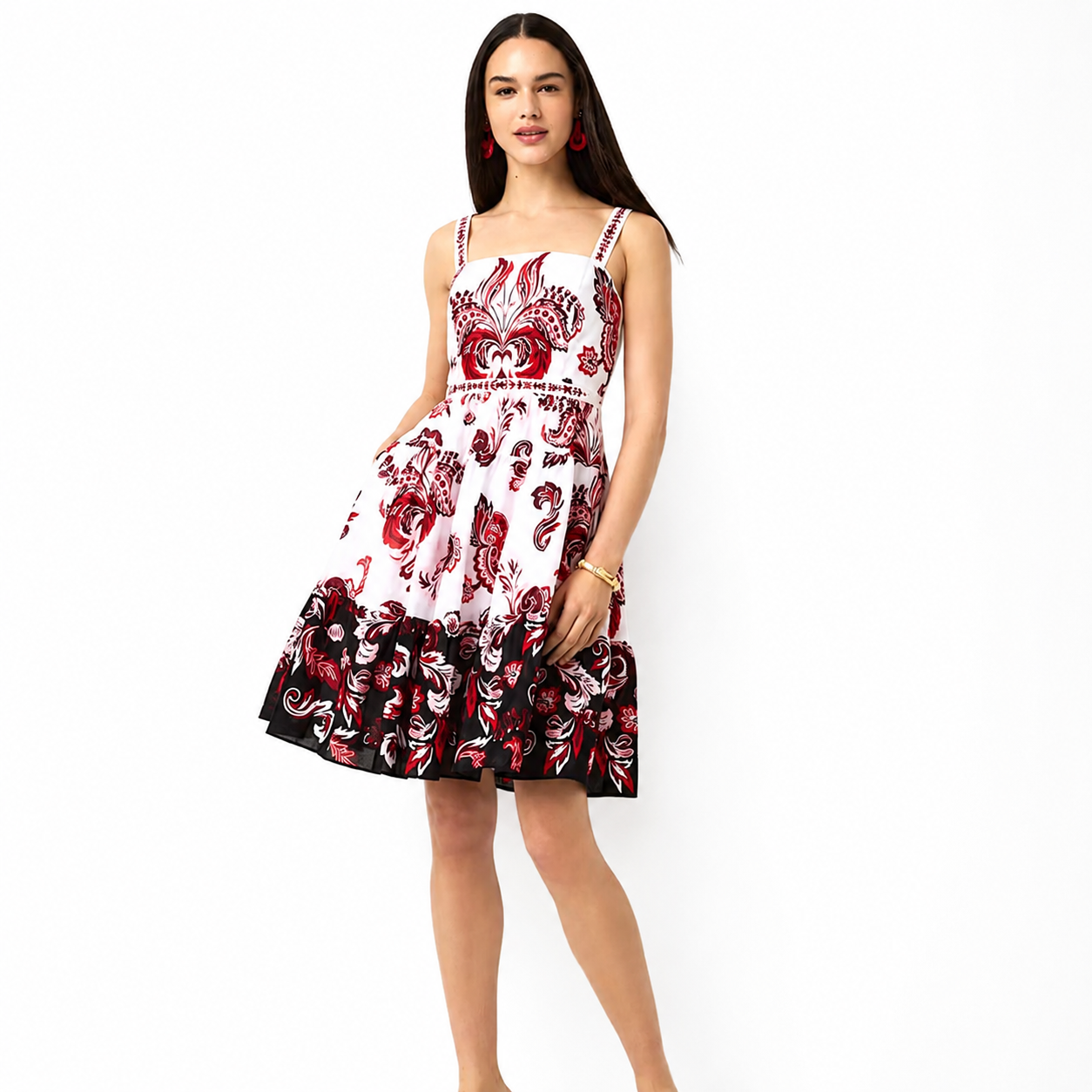 Elegant Square Neck Floral Cotton Fit & Flare Dress