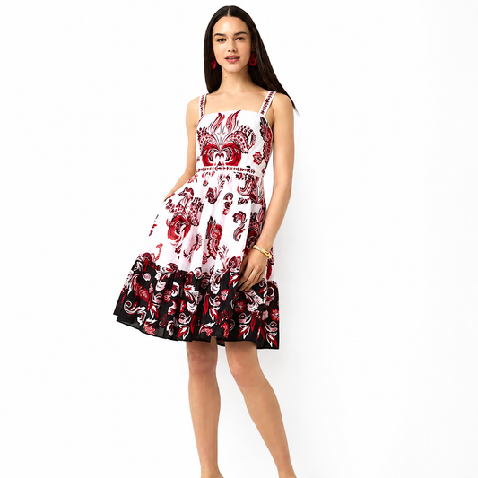Elegant Square Neck Floral Cotton Fit & Flare Dress