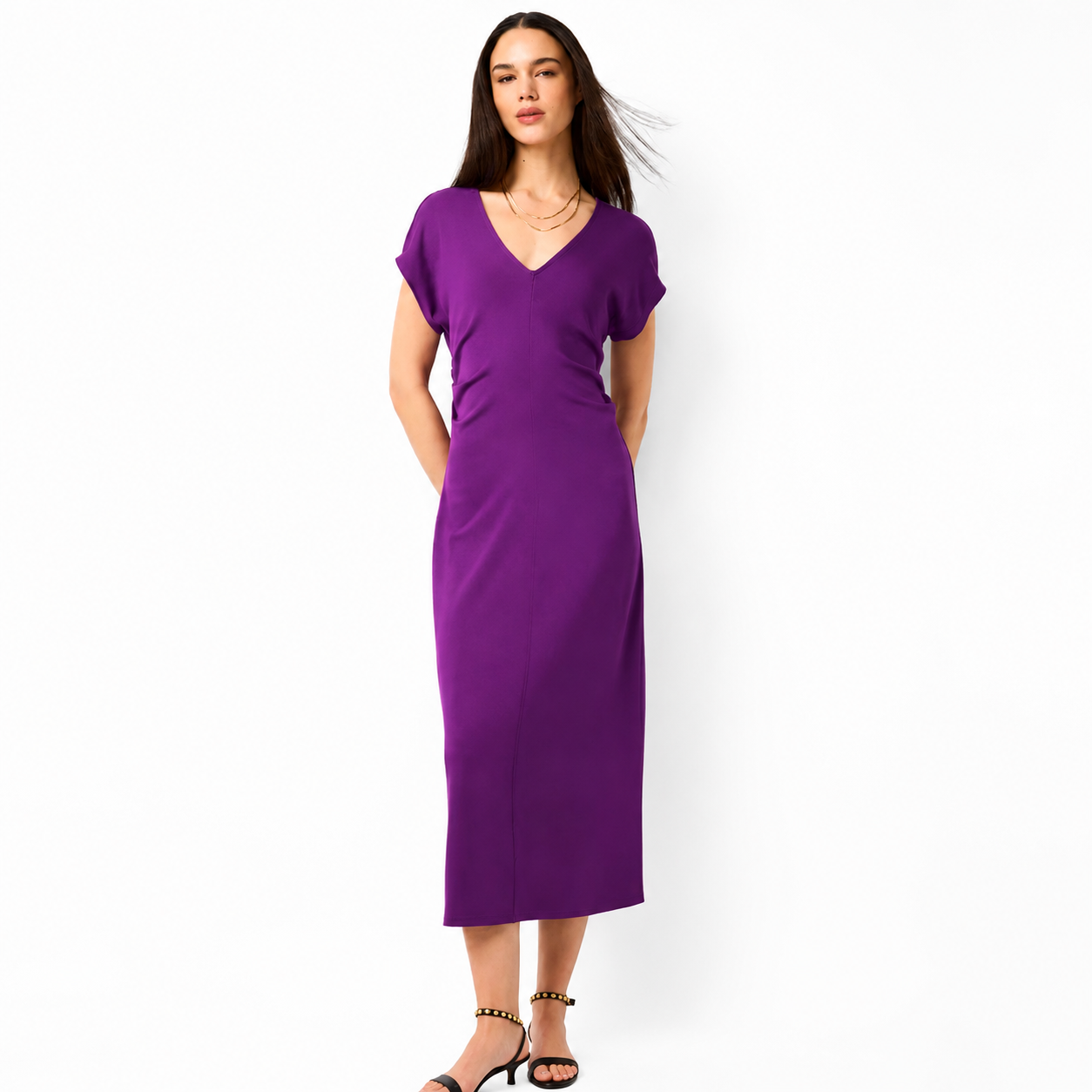 Gathered Waist Short Sleeve Midi Dress – Elegant Flattering Everyday Dress